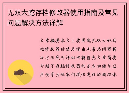 无双大蛇存档修改器使用指南及常见问题解决方法详解